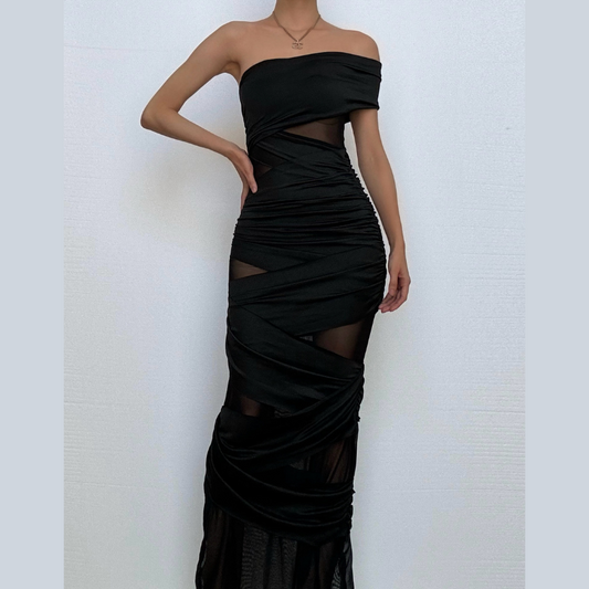 Off shoulder ruched mesh maxi dress