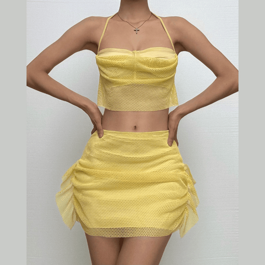 Halter self tie backless fishnet solid tube mini skirt set