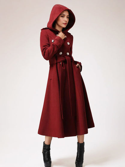 Double-breasted Woolen Coat With Hood Burgundy Belted Winter Long Outerwear For Women 2026