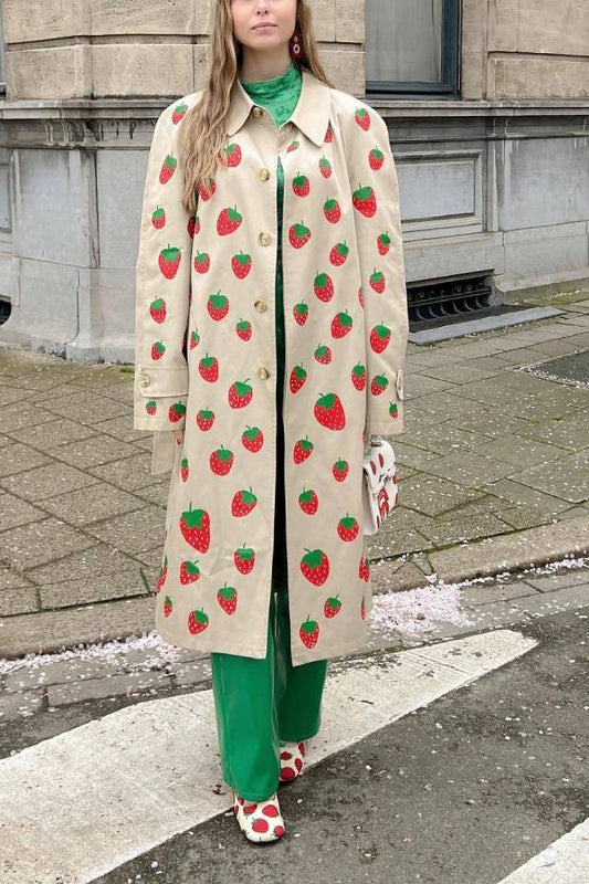 Fashion Fruit Print Long Coat Cherry Trench Coat