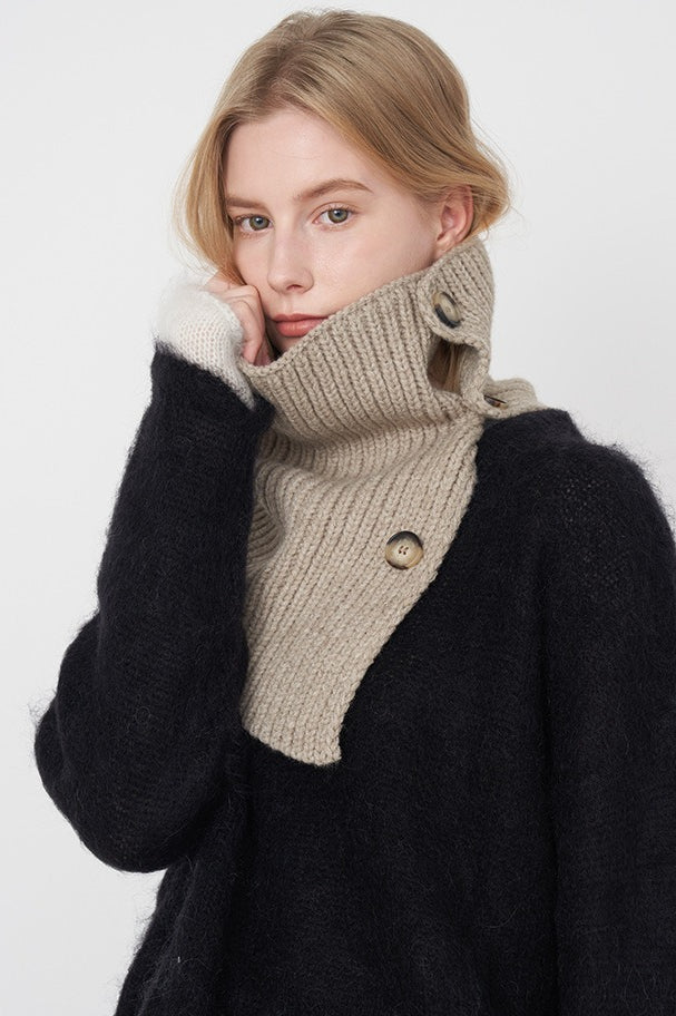 Wool Blend Solid Knitted Removable Buttoned Scarf
