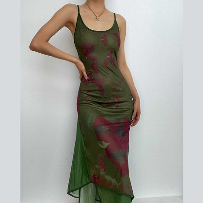 Scoop Neck Spaghetti Strap Mesh Overlay Abstract Floral Print Midi Dress