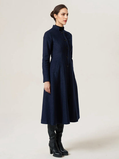 Woolen Flared Coat For Woman Stand Collar A-line Elegant Dark Navy Winter Midi Outerwear 2026