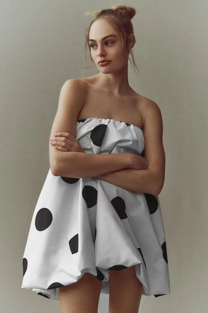Polka Dot Strapless Voluminous Bubble Hem Mini Dress