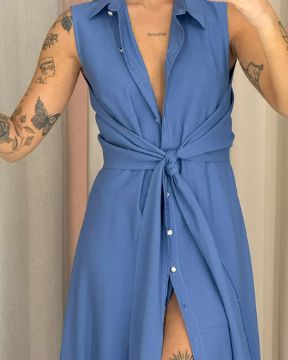 V-Neck Sleeveless Solid Color Waist Dres