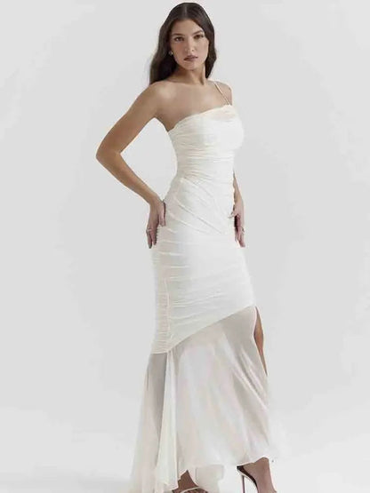 White Mesh Speaghetti Strap Fishtail Slit Dress
