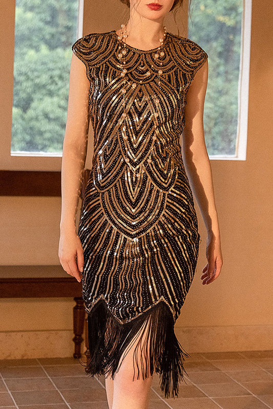 Sequin Art Deco Geometric Fringe Round Neck Sleeveless Flapper Mini Dress