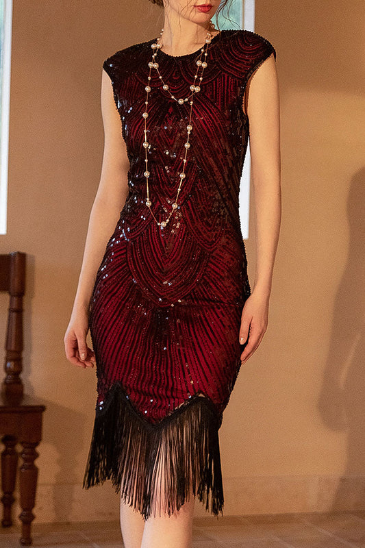 Round Neck Art Deco Sequin Beaded Pearl Shoulder Fringe Flapper Midi Dress