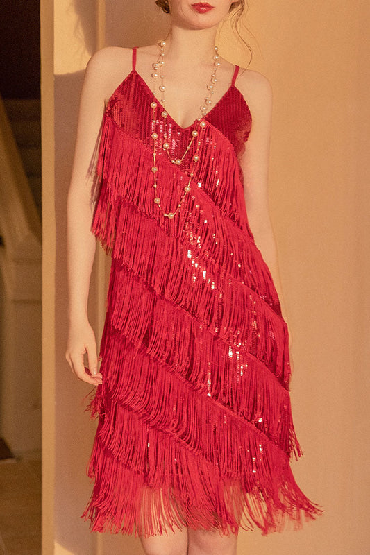 Sequin Deep V-Neck Spaghetti Strap Tiered Fringe Flapper Midi Dress
