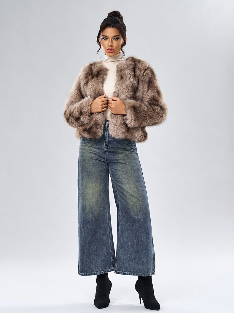 Faux Fur Coats Long Sleeves Casual Faux Fur Jacket Jewel Neck White Women Coat