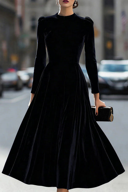 Solid Color Velvet Round Neck Long Sleeve Elegant Maxi Dress