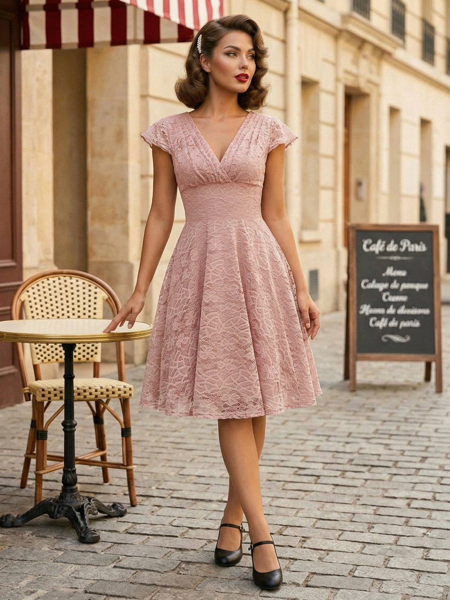 Vintage 1950s Midi Lace Dress for Women - V Neck Cap Sleeve A-line Cocktail Prom Gown - Wedding Guest Wear 2026