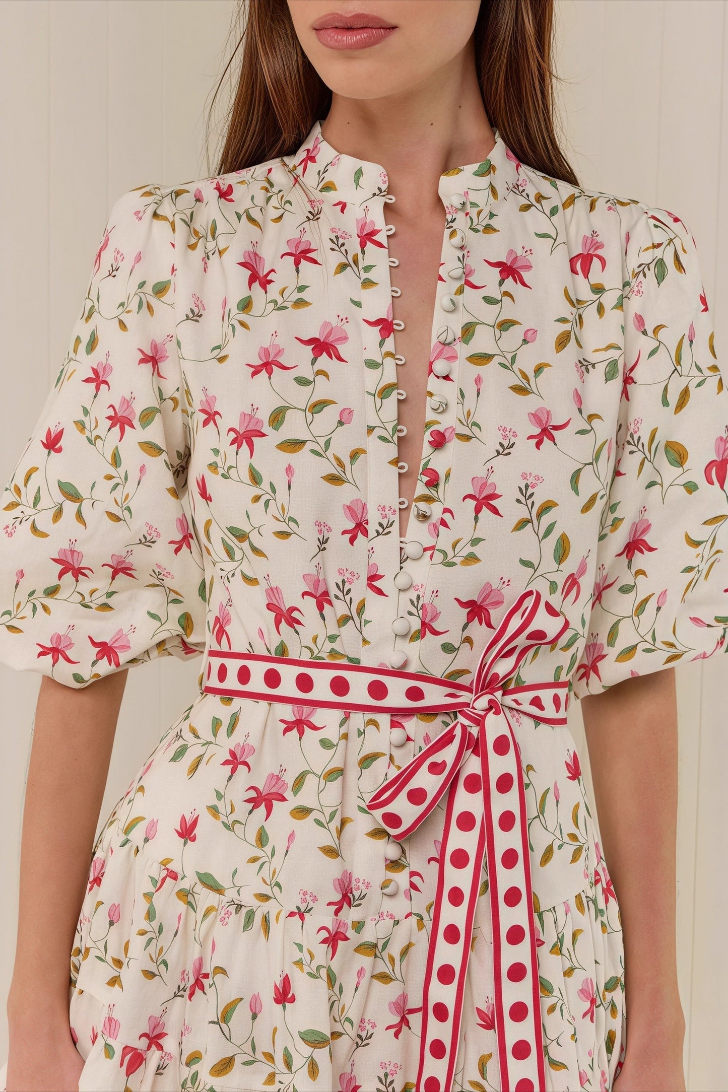 Floral Print Mandarin Collar Puff Sleeve Belted Ruffle Hem Mini Dress