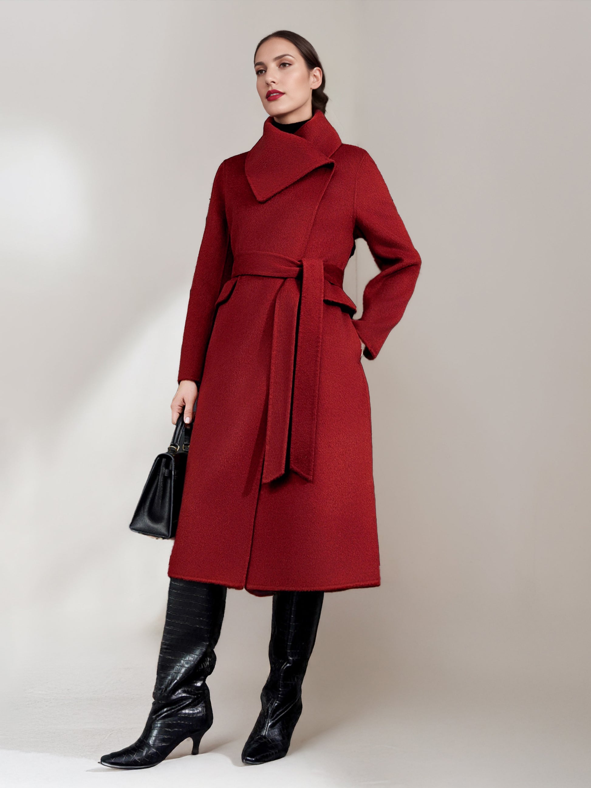 Wool Cashmere Blend Coat For Woman Winter Red Belted Double-Faced Wrap Outerwear 2026