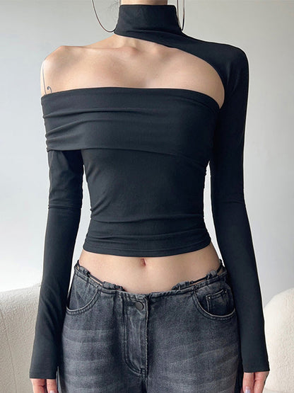 Black Y2k One Shoulder Hollow Long Sleeve Tee