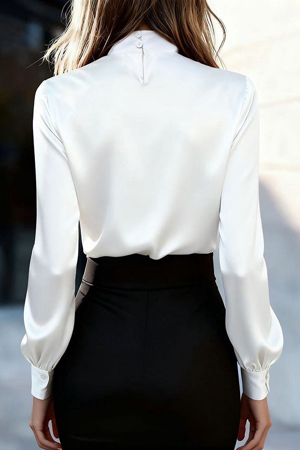Solid Color Satin Long-sleeved Casual Tie-front Shirt