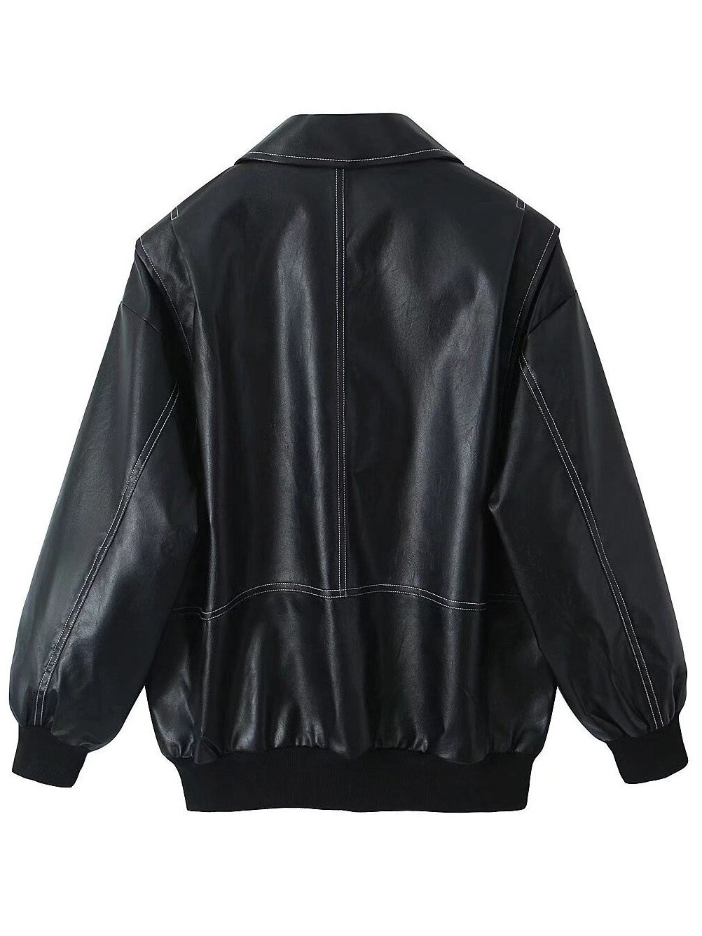 Red PU Leather Jacket Collared Long Sleeves Zipper Daily Casual Jackets