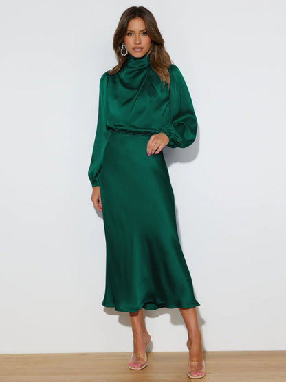 Satin Long Sleeve Zipper Solid Color Maxi Dresses