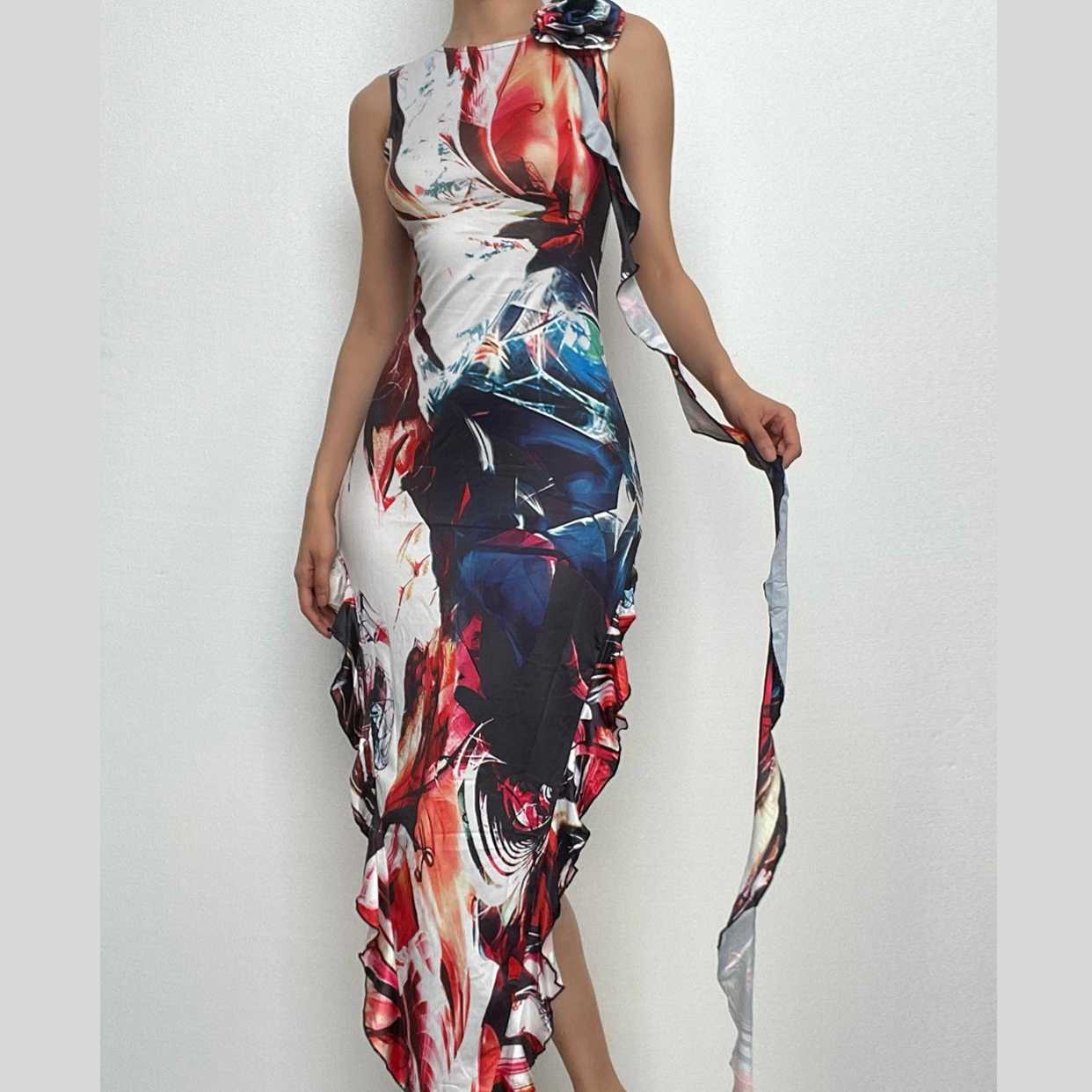 Ribbon sleeveless flower applique contrast print maxi dress-final-sale
