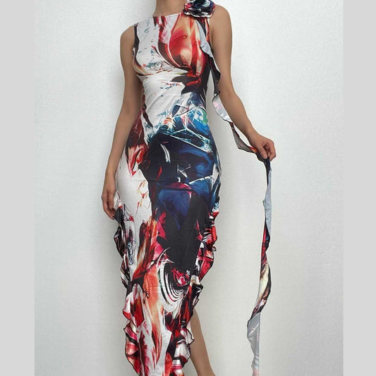 Ribbon sleeveless flower applique contrast print maxi dress-final-sale