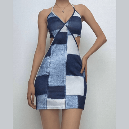 Halter patchwork denim hollow out cut out mini dress