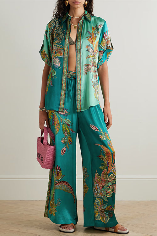 Meridress Roll Up Short Sleeves Shirt and Wide Leg Pants Printed Satin Set