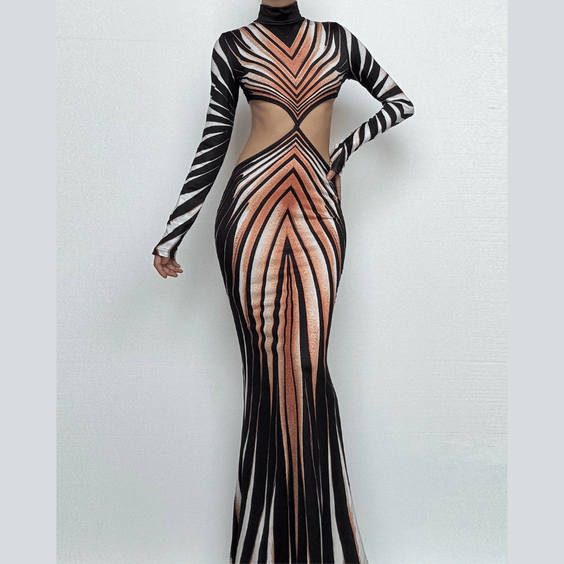 High neck long sleeve hollow out print contrast cut out maxi dress-final-sale