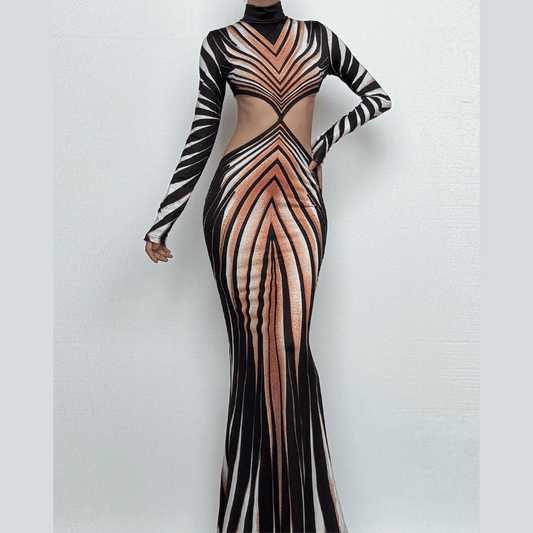 High neck long sleeve hollow out print contrast cut out maxi dress-final-sale
