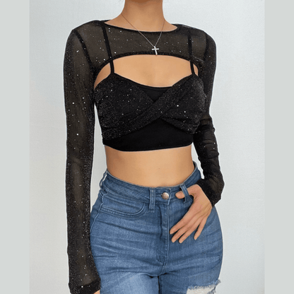 Textured long sleeve crewneck shrug 2 piece crop top