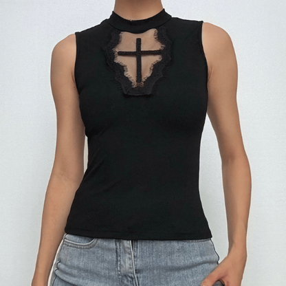 Sleeveless crewneck cross pattern solid top