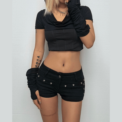 Hoodie cowl neck hollow out long sleeve corset crop cut out top
