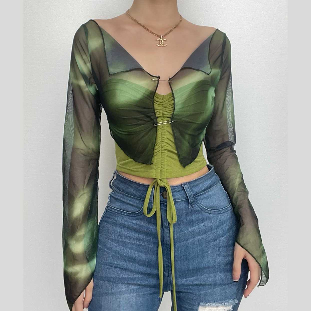 Halter drawstring mesh flared sleeve tie dye 2 piece crop top