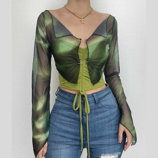 Halter drawstring mesh flared sleeve tie dye 2 piece crop top