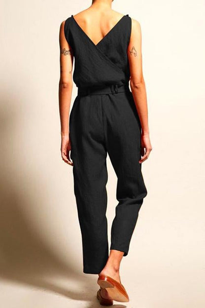 Casual V Neck Sleeveless Wrapped Jumpsuit