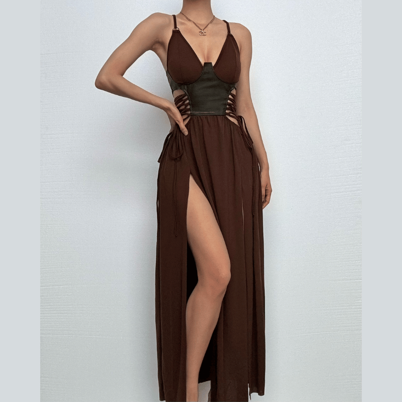 V neck PU leather patchwork high slit maxi dress-final-sale