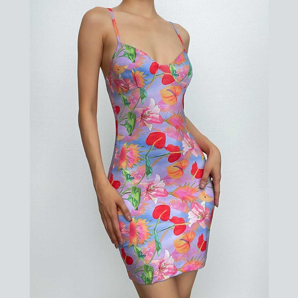 Sweetheart Neck Spaghetti Strap Floral Print Bodycon Mini Dress