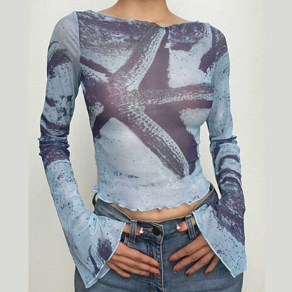 Sheer mesh see through flared sleeve contrast print 2-way top