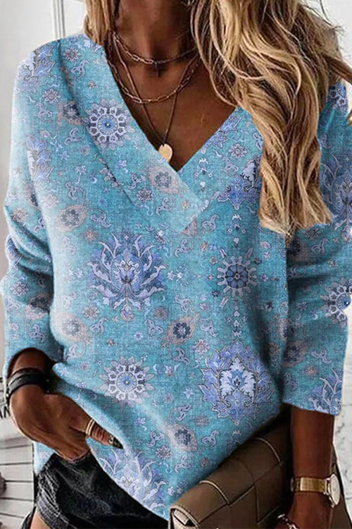 V Neck Long Sleeves Unique Print Top