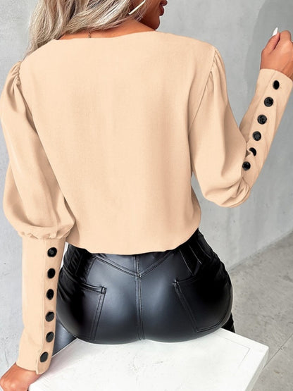 V-neck Solid Color Long-sleeved Button-down Women's Shirt