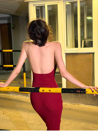Romantic Red Knit Halter Gown
