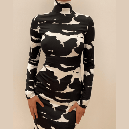 Mock Neck Long Sleeve Abstract Print Bodycon Mini Dress