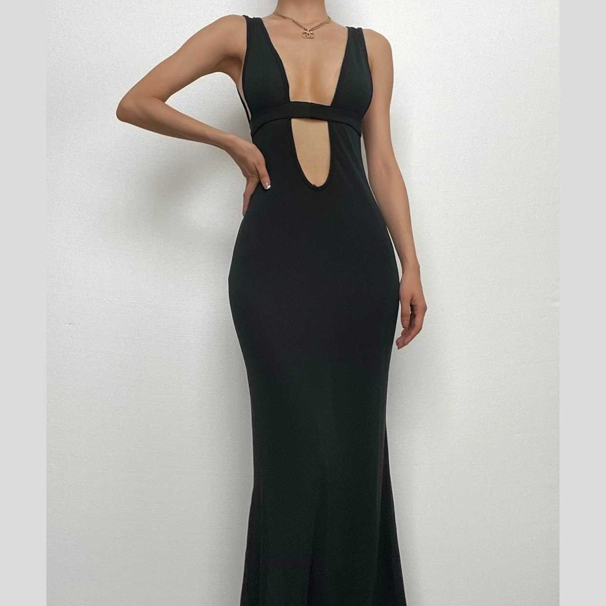Sleeveless low cut hollow out solid backless cut out maxi dress-final-sale