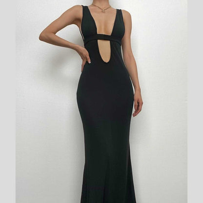 Sleeveless low cut hollow out solid backless cut out maxi dress-final-sale