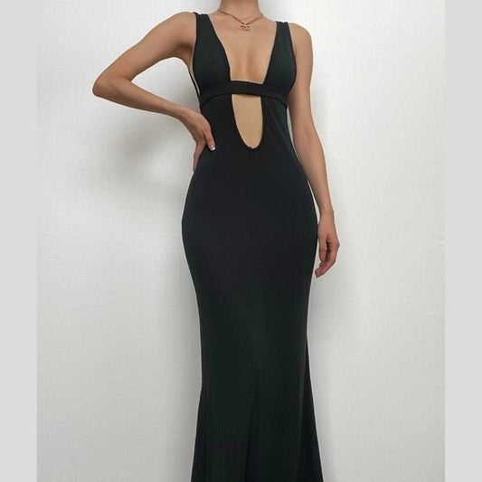 Sleeveless low cut hollow out solid backless cut out maxi dress-final-sale