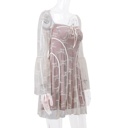 Lace square neck long flared sleeve zip-up ruffle mini dress