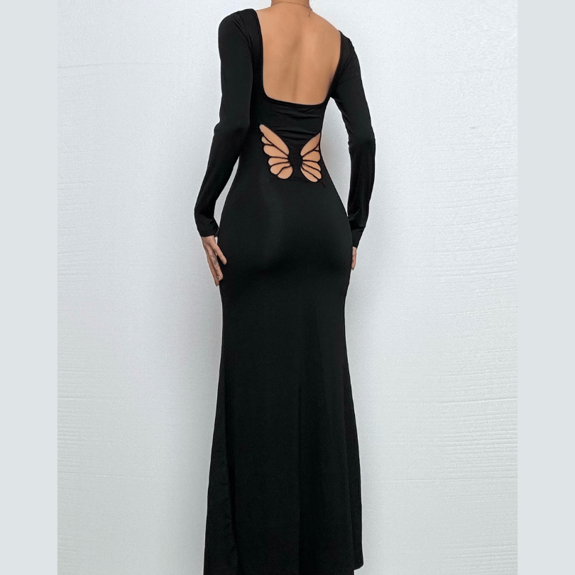 Long sleeve u neck butterfly pattern maxi dress