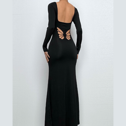 Long sleeve u neck butterfly pattern maxi dress