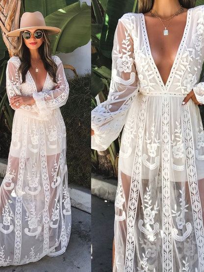 Lace Long-sleeved V-neck Solid Color Chiffon Long Dress