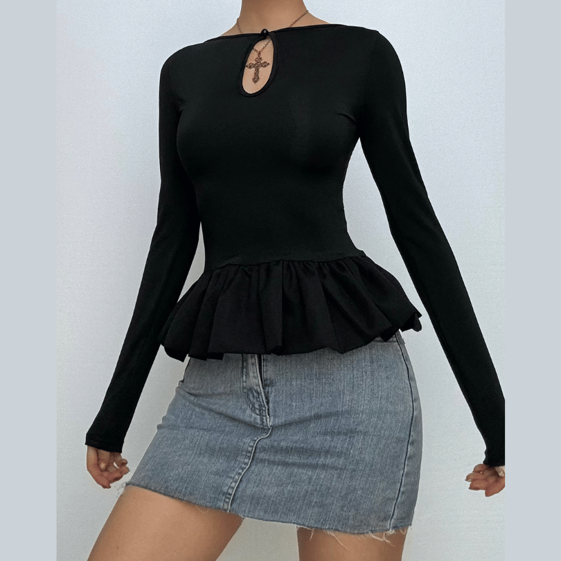 Ruched long sleeve round neck hollow out ruffle cut out top