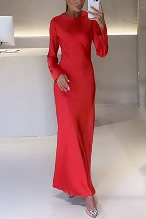 Round Neck Long Sleeves Satin Maxi Party Dress